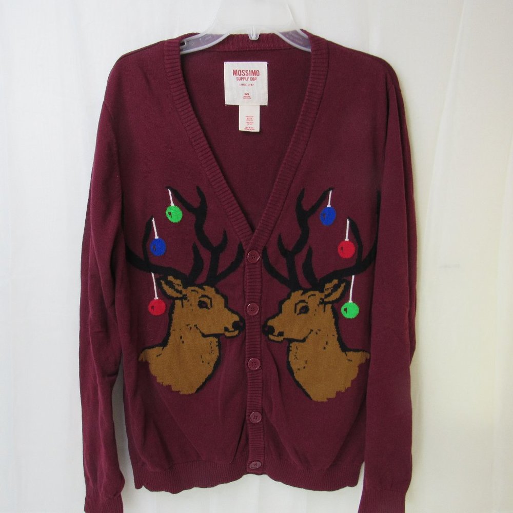 Mossimo Reindeer Ugly Christmas Sweater Burgundy Cardigan Buttons V Neck Medium